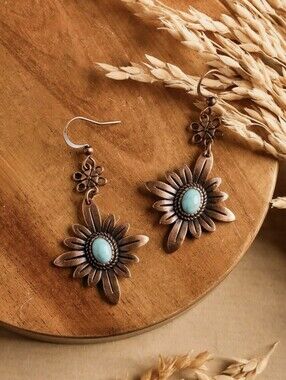 Antuque Copper And Turquoise Flower Earrings